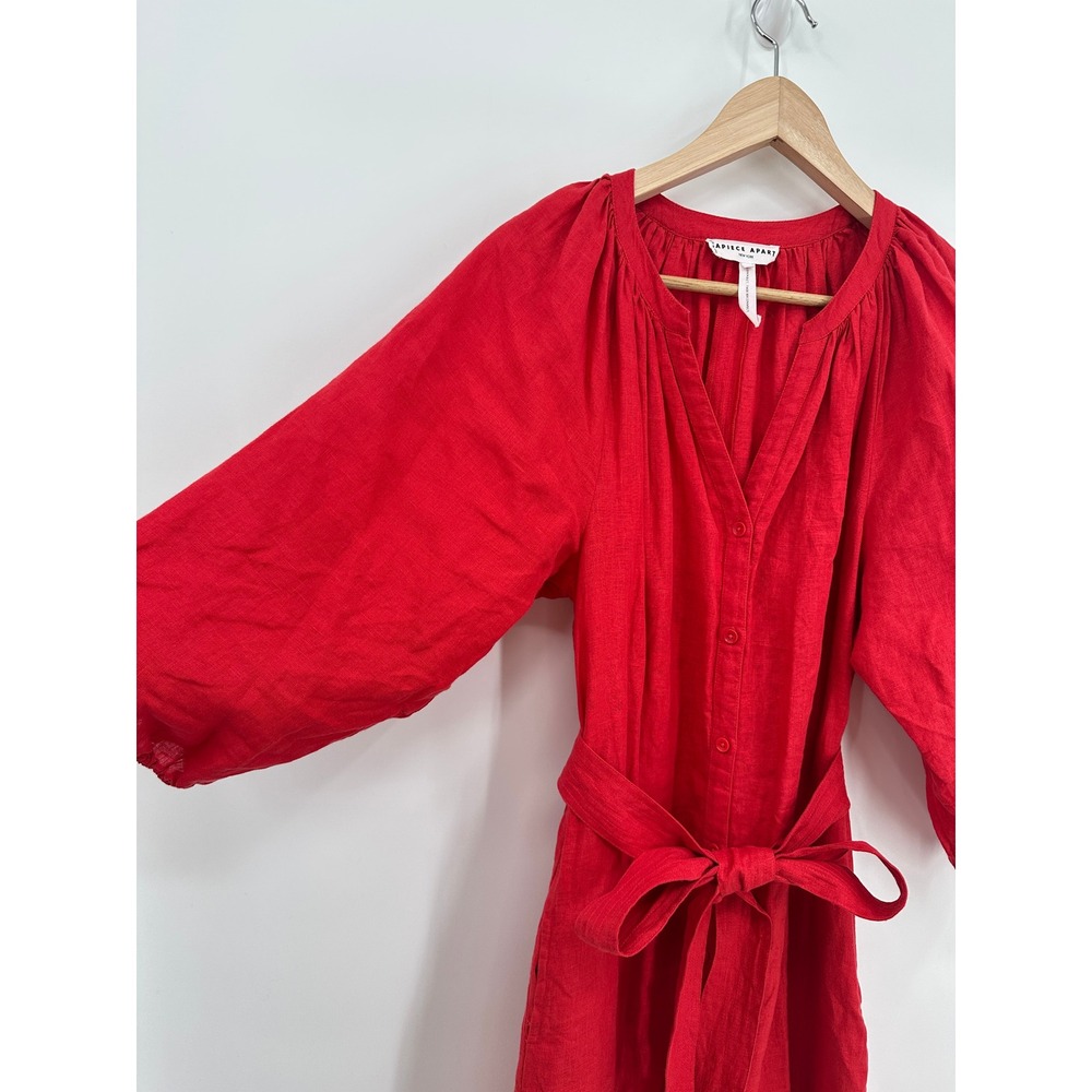 Apiece Apart Mitte Chili Red Linen Button Front Shift Midi Dress Belted Size 4 - Picture 3 of 8